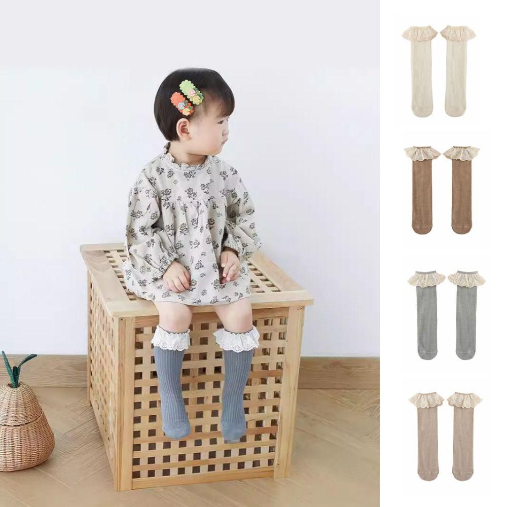 5Pairs Lace Trim Infant Cotton Stockings Ruffled Edge Cartoon Above Knee Socks  Kids