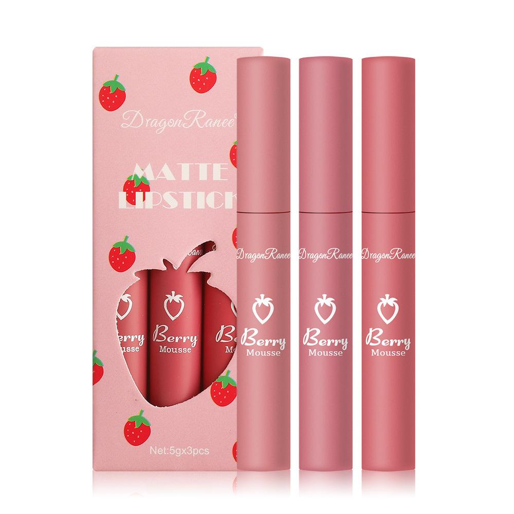 Набор из 3 блесков для губ Strawberry Set Box Velvet Fog Matte Lip Glaze Lipstick Lip Gloss Womens Antistick Cup Cute Set