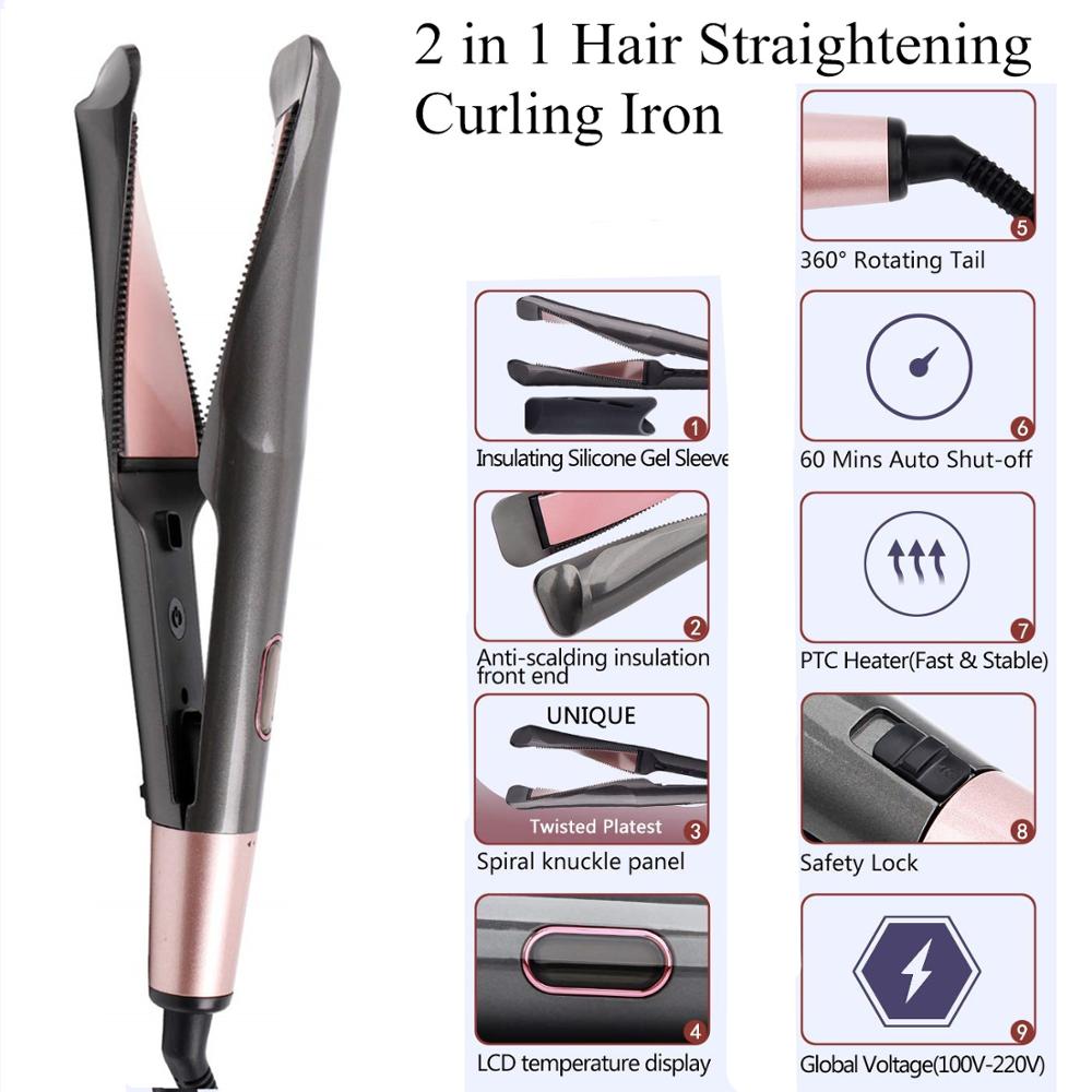 2 In 1 Twisted Flat Iron Hair Straightener And Curler Iron Ceramic Fast Heating Twist Straightening Curling Iron Multi-Styler