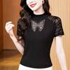 Summer Short Sleeve Women Black Tees Butterfly Hot Diamonds Designer T-Shirt Sexy Ladies Casual Mesh Tops Blusas