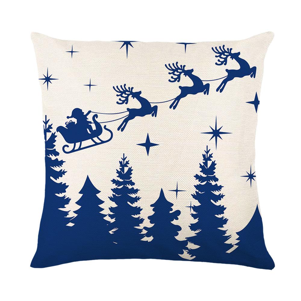 Blue Christmas Ornament Cushion Cover Printed Bear Snowflake Elk Santa Claus Tree Merry Christmas Lettering Linen Pillowcase