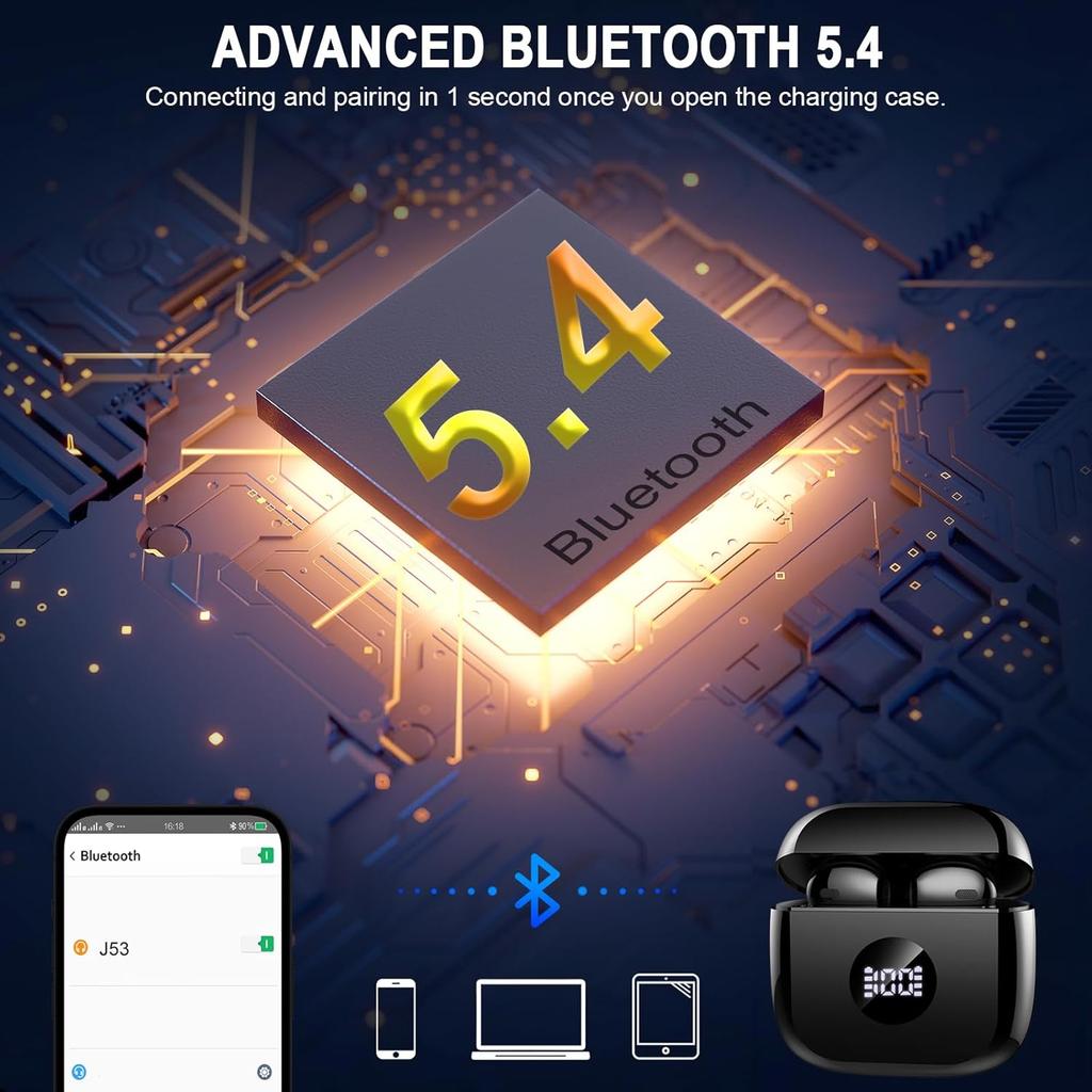 Беспроводные наушники, Bluetooth 5.4 наушники HiFi стерео, внутриканальные наушники с 4 шумоподавляющими микрофонами ENC, 40H воспроизведение вкладышей со светодиодным дисплеем