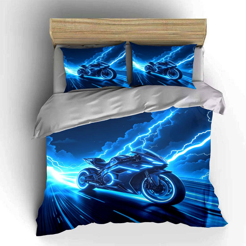 Futuristic Motorcycle Art Decor Set Soft Skin-Friendly Bedding Set Includes 1 Duvet Cover + 2 Pillowcase,Motorcycle lover Gift