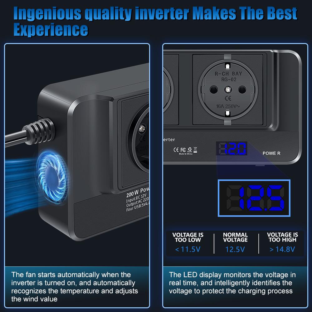 200W 12V Car Power Inverter with 2 Sockets & 4 USB Ports for Mobile Charging