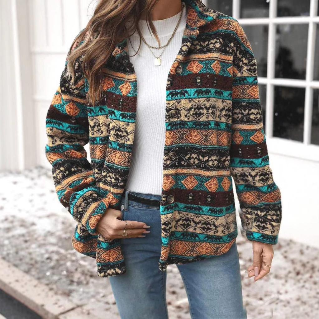 Женская длинная рукава лацкан свободного покроя ретро плюшевая куртка