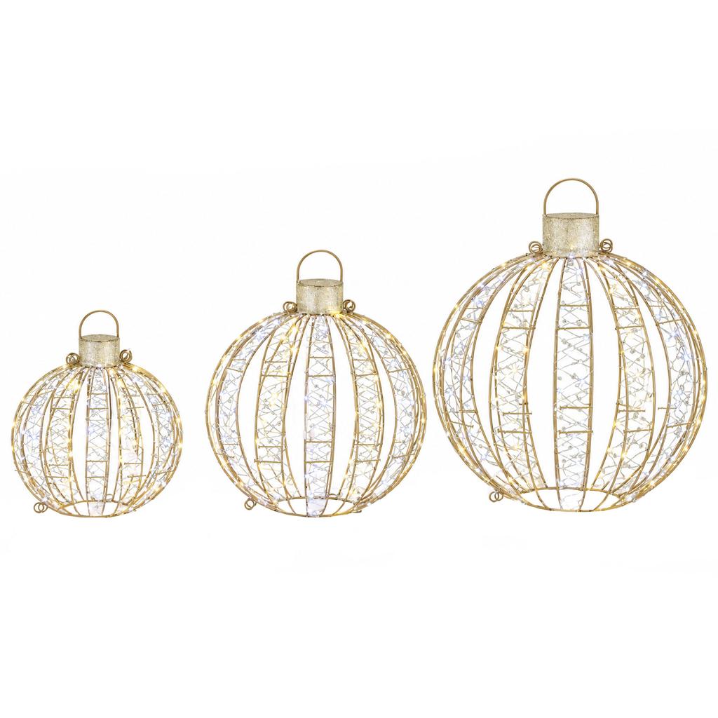 3-piece illuminated Christmas bauble set for outdoor use, 360 warm white/cool white LEDs, continuous & flashing light, 24-hour timer