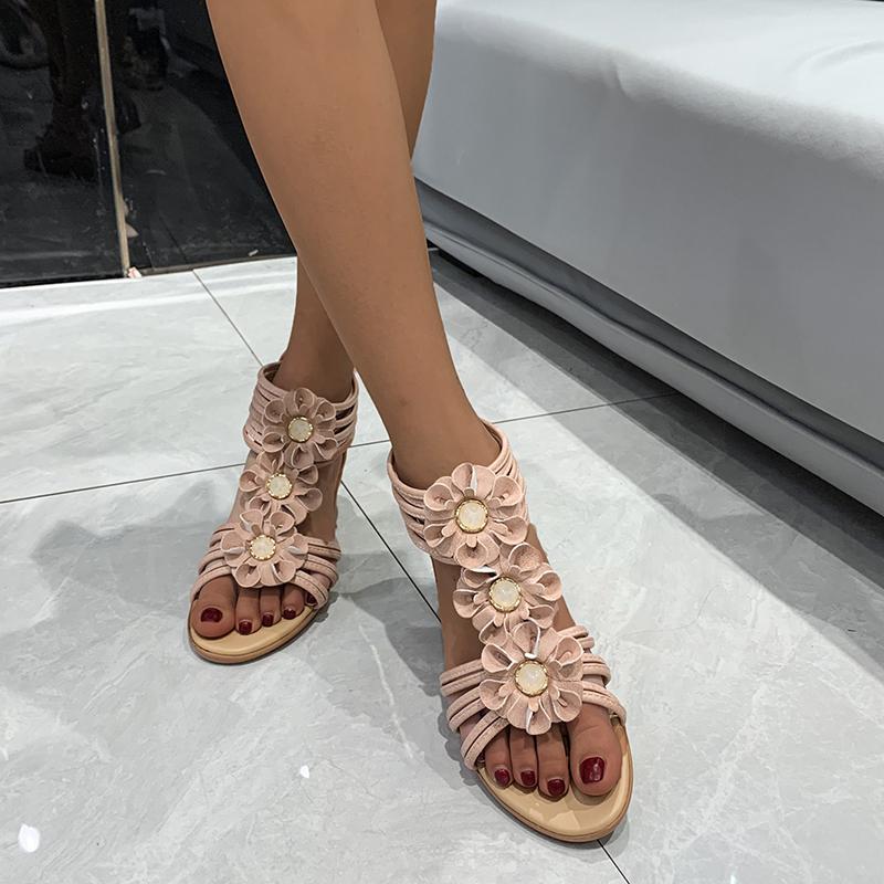 Summer Bohemian Boho Ethnic Women's Sandals 2024 Flowers Shoes Wedge Sandals Narrow Band Zipper Rome Female Shoes Plus Size 43