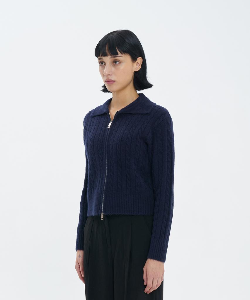 BLOND9 Fluffy Cable Knit Zip-Up_Navy