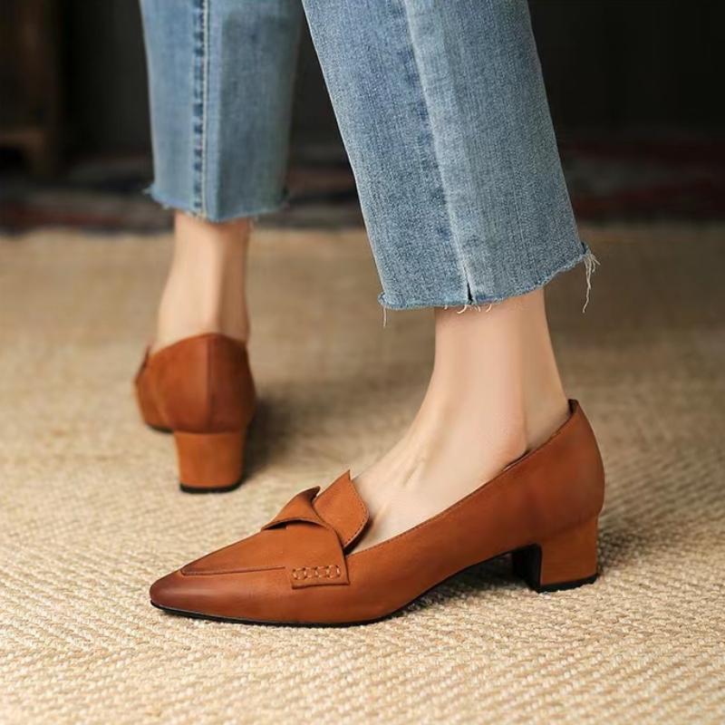Women Oxford Shoes Square Toe Boat Shoes for Woman Pumps Pleated Slip On Mid Heels Office Ladies Grain Chunky Heels Women Shoes