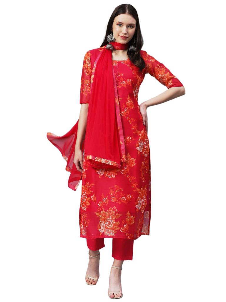 GoSriKi Women's Chanderi Cotton Printed Straight Kurta with Pant & Dupatta (AUX-Orange-GS_L_Pink_Large)