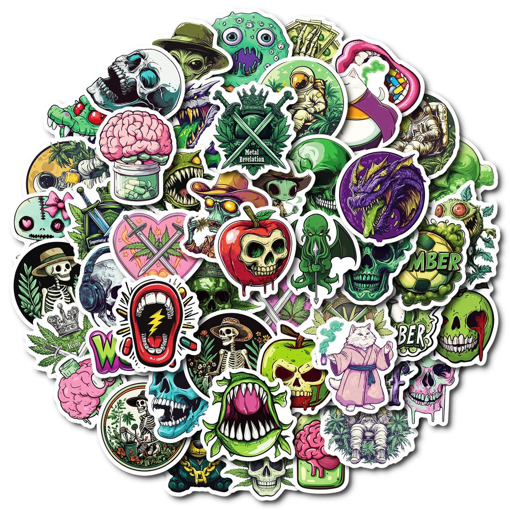 50 оригинальных персонализированных декоративных наклеек. Серия Green Skull Man. Неповторяющиеся декоративные наклейки.