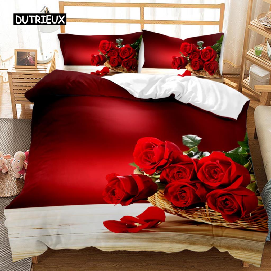 Комплект постельного белья Rose Duvet Set из микрофибры Pink Heart Rose Romantic Flower Tema Комплект постельного белья для влюбленных Double Queen King Size Покрывало для пододеяльника
