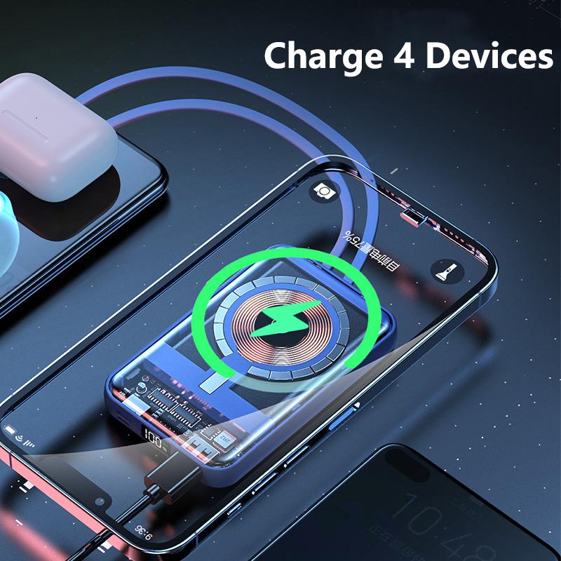 10000mAh Magnetic Qi Wireless Charger Power Bank Built In Cable for iPhone 15 14 13 12 X Samsung S23 S22 Huawei Xiaomi Powerbank