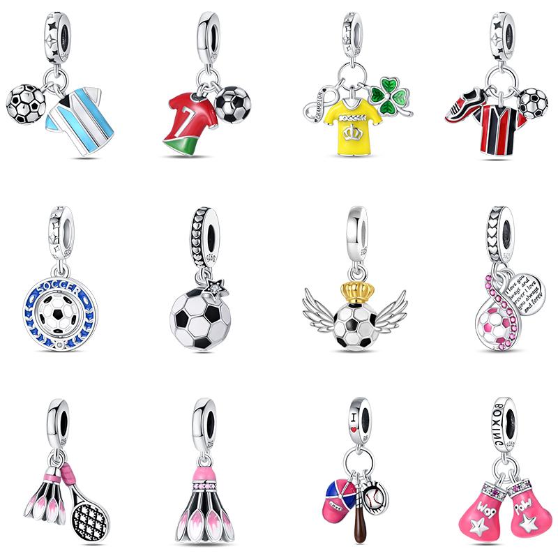 Fashion 925 Silver Football Jersey Badminton Baseball Dumbbell Sports Charm Beads Fit 925 Bracelet DIY Birthday Jewelry