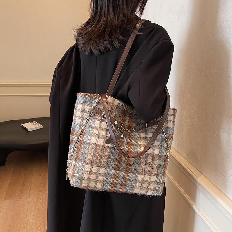 Шерстяная клетчатая сумка-тоут большой емкости женская сумка через плечо винтажная сумка