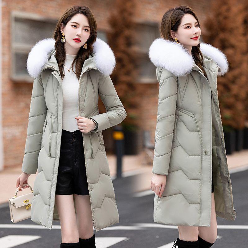 Пуховик женский средней длины и длинный новый приталенный с меховым воротником теплый пуховый утолщенный зимний