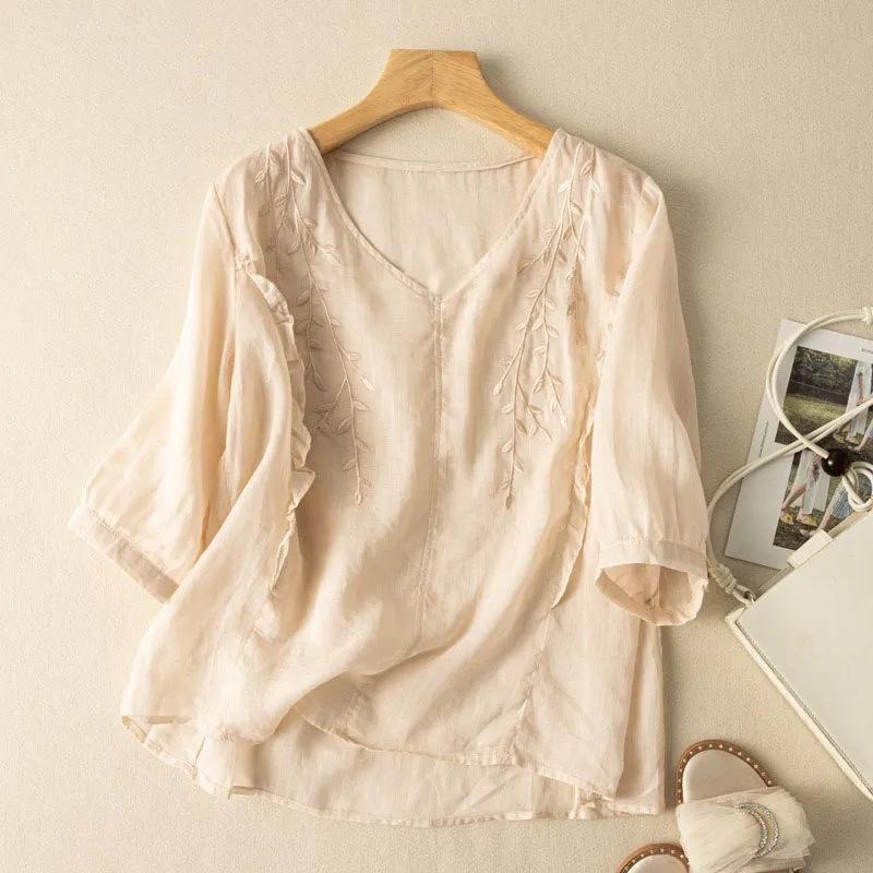 Summer New Embroidered Cotton and Linen Top Loose Temperament Literary Retro Seven-quarter Sleeve Casual Versatile