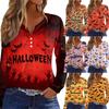 Women's T Shirt Tee HAlloween Print Button Long Sleeve Daily Weekend Fashion Basic V- Neck Regular Top