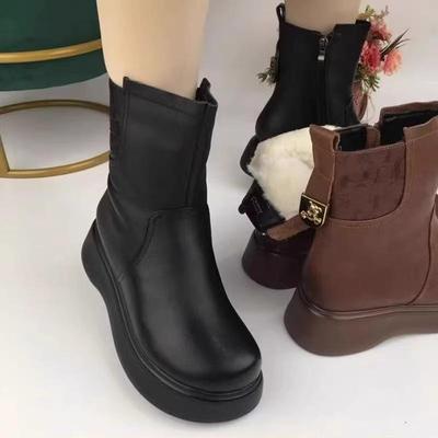 Женские теплые зимние сапоги до середины икры - Кожа и мех, на толстой подошве с плюшем, готовы к зиме для мам