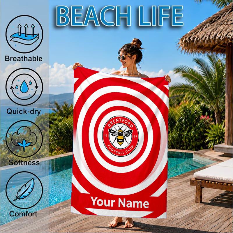 Custom Name Beach Towel Brentford Football Club Crest Soft and Quick-drying Beach Towel, Suitable for Travel, Swimming Pool, Gym, Yoga, Gifts
