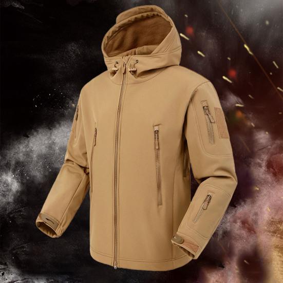 Men Jacket Hooded Long Sleeve Solid Color Jacket Coat with Multi Pockets Zipper