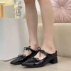Bow Inside Heightened Baotou Cool Drag Women's Pointed Toe Shallow Mouth One Strap Mary Jane Square Heel Slippers