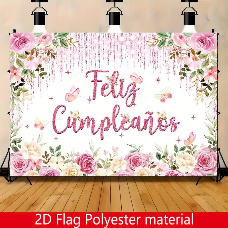 2D Spanish Birthday Wall Decor, Pink Rose Butterfly Feliz Cumpleaños Backdrop