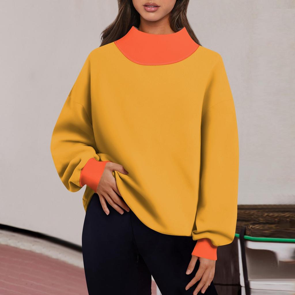 Женская мода с длинным рукавом и цветными блоками, свободная водолазка с разрезом и половиной водолазки, топ