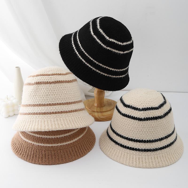 Autumn and winter warm bucket hat women's niche retro striped splicing basin hat women's wool knitted fisherman hat