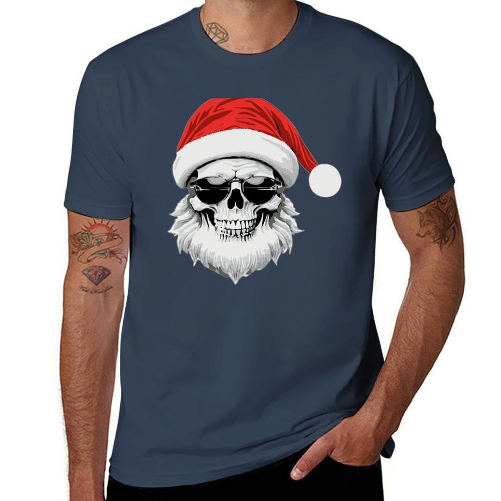Skull Santa Clause Wearing Sunglasses TShirt Casual Loose Fit Short Sleeve TShirt