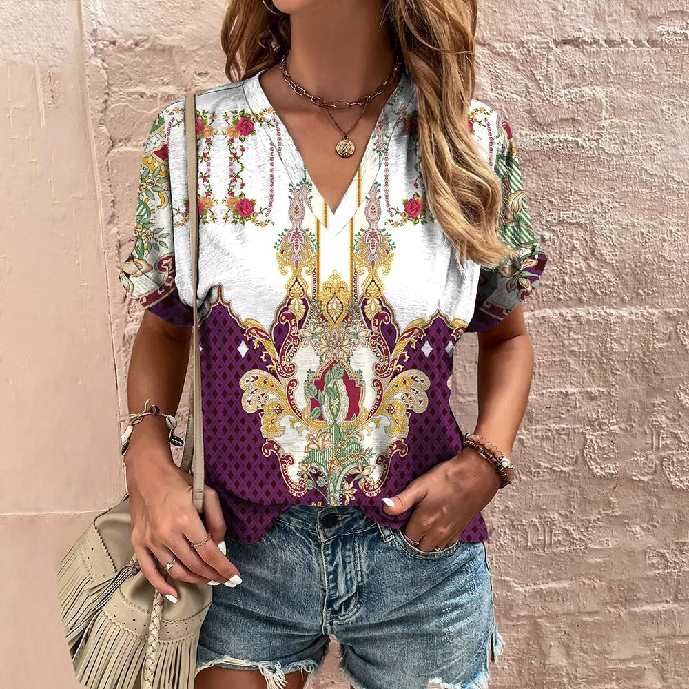 Новая женская футболка, летняя одежда с v-образным вырезом, этнический топ с короткими рукавами, повседневная уличная футболка в стиле Харадзюку для женщин, пуловер в стиле хип-хоп