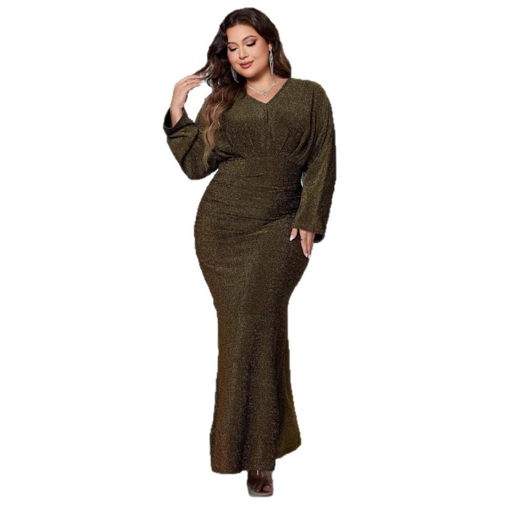 Вечернее платье с V-образным вырезом, блестящее, большого размера, фасона «рыбка», с длинными рукавами
