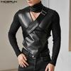 Men High Cutout Neck Long Sleeve Front Cross Back Patchwork Irregular PU Tops