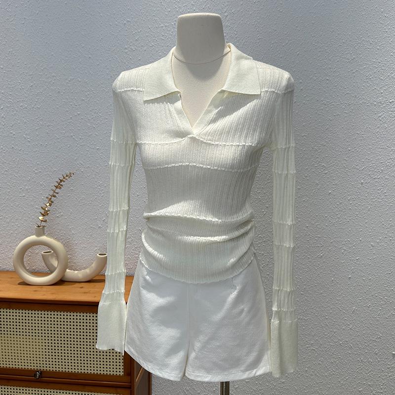 Нишевая вязаная рубашка с длинным рукавом с чувством дизайна женская осенняя облегающая и тонкая ло-рубашка уникальный популярный топ