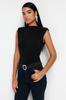 Women's Fashion New Bodysuit Black Close-fitting Knitted Body with Snap Fasteners