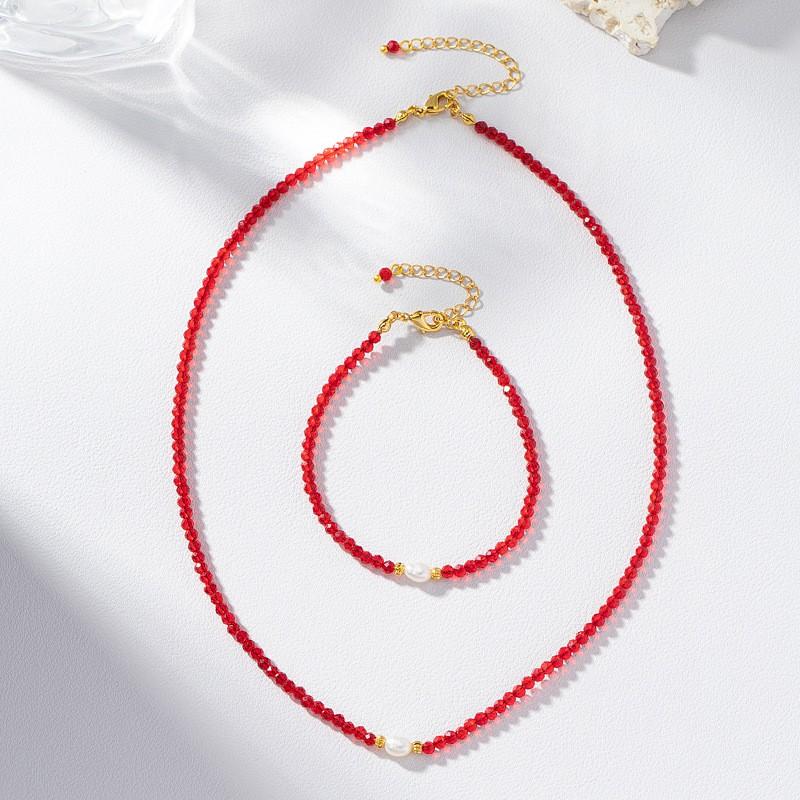 Elegant Red Crystal Freshwater Pearl Choker Necklace Women Minimalist Office Chic Layering Jewelry 5-6mm 41-50cm