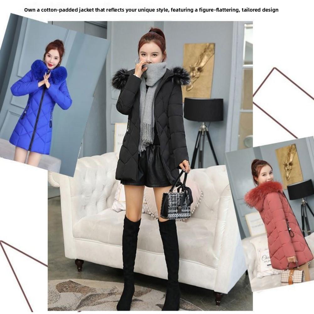 Женская приталенная зимняя одежда в иностранном стиле со большим меховым воротником, средней длины, хлопковая одежда с набивкой, теплая куртка с набивкой из хлопка