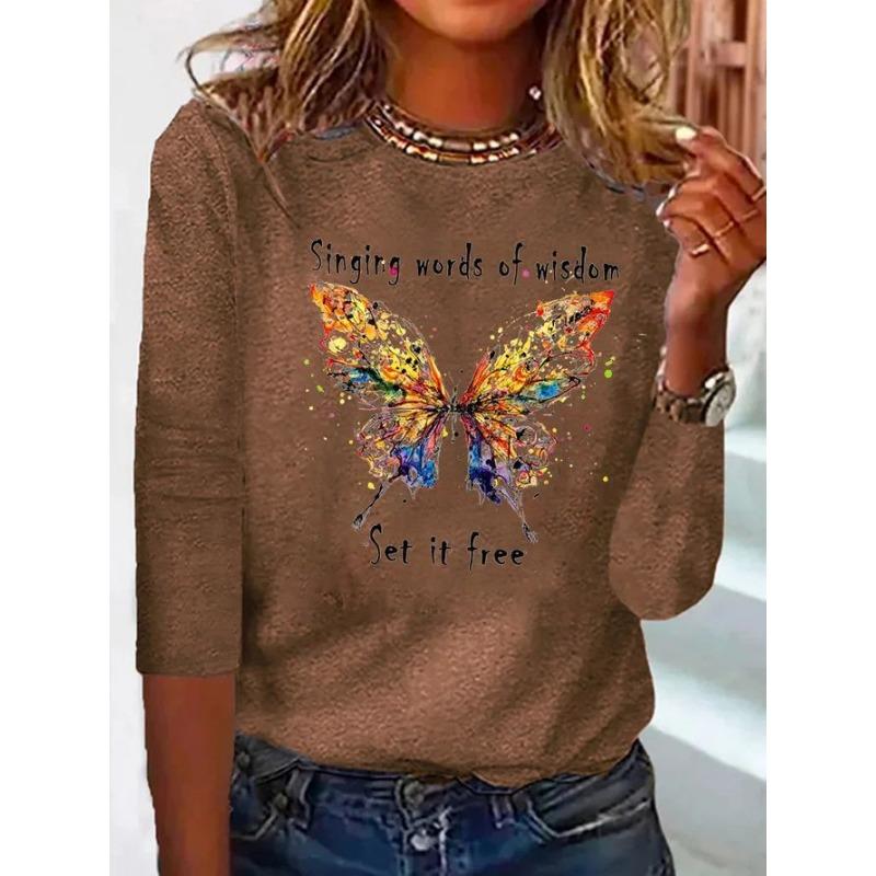 Summer Butterfly Floral Stripe Printed Round Neck Long Sleeve Loose T-Shirts Women’s