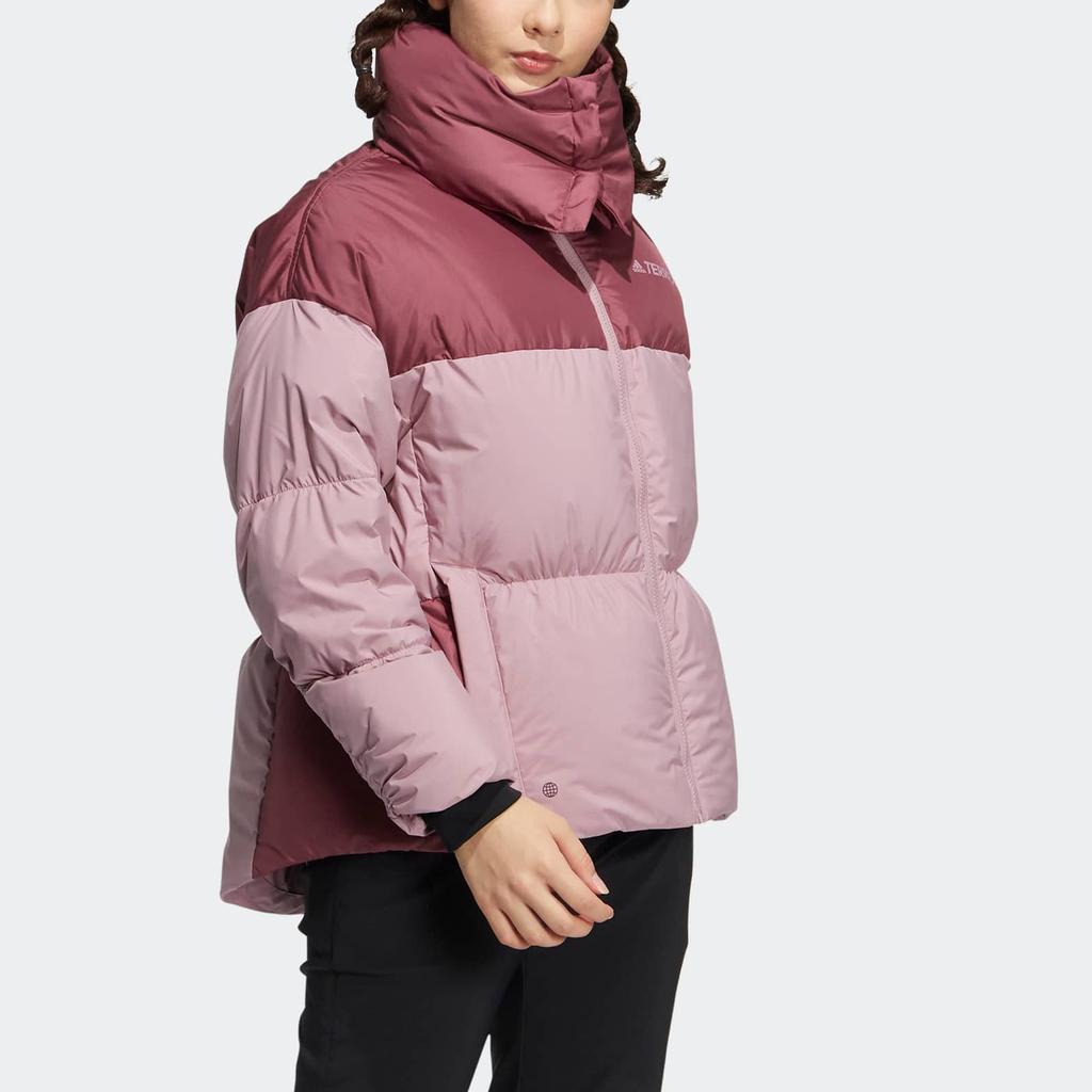 adidas Куртка Terrex W Puff Gd с принтом логотипа, застежкой-молнией, воротником-стойкой, капюшоном, легкая пуховая куртка для женщин, розовая HN1998
