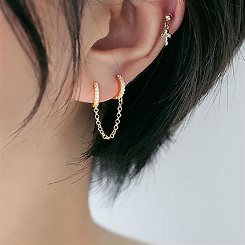 B109A Fashionable Ladies' Zirconia Dangle Earrings with Double Ear Hole and Ear Cuff