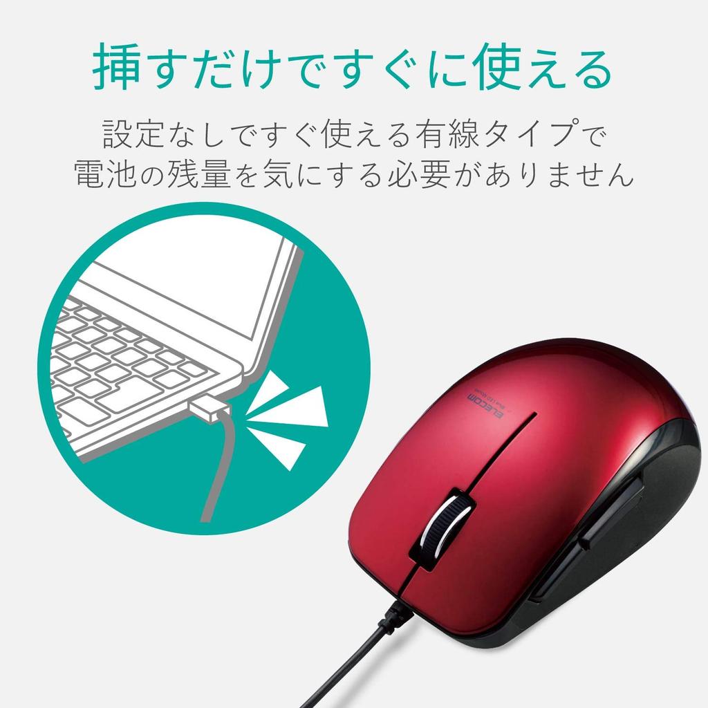 ELECOM Wired Medium 5 Buttons Back and Forward Blue Easy to in the Mouse, Size, (with Buttons), Quiet, LED, Grip, "Fits Hand" Design, Red,