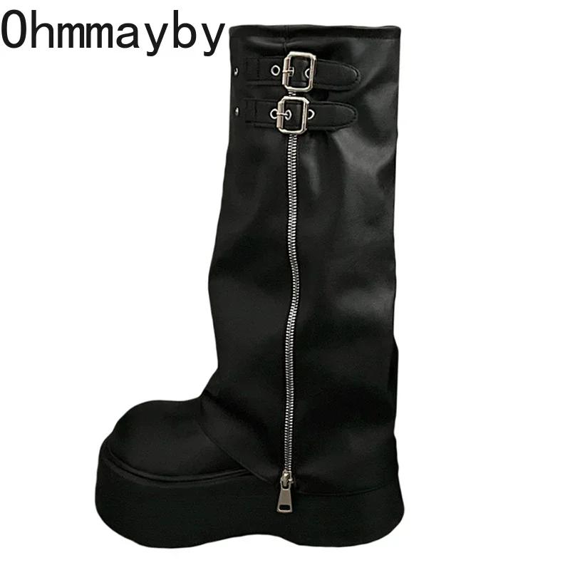 Fashion Chunky Women Knee-High Boots Fashion Belt Buckle Platform Heel Trouser Knight Booties Retro Style Female Shoes