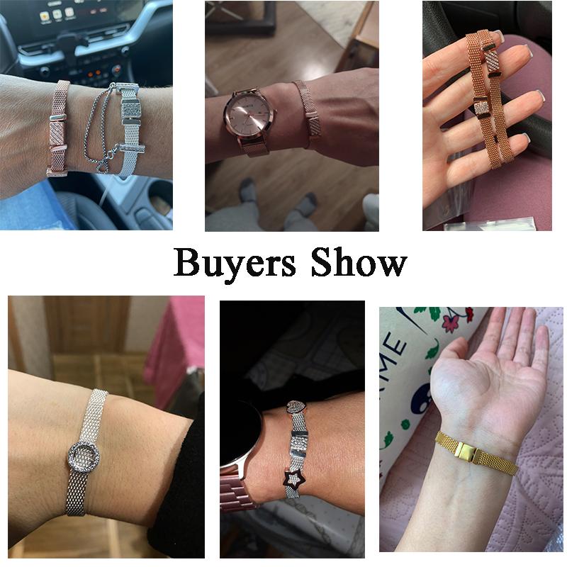 Reflection Bracelet Rose Gold Color 925 Starling Silver Steel Mesh Flat Bracelet Fit Temperament Charms Bead Fashion Women