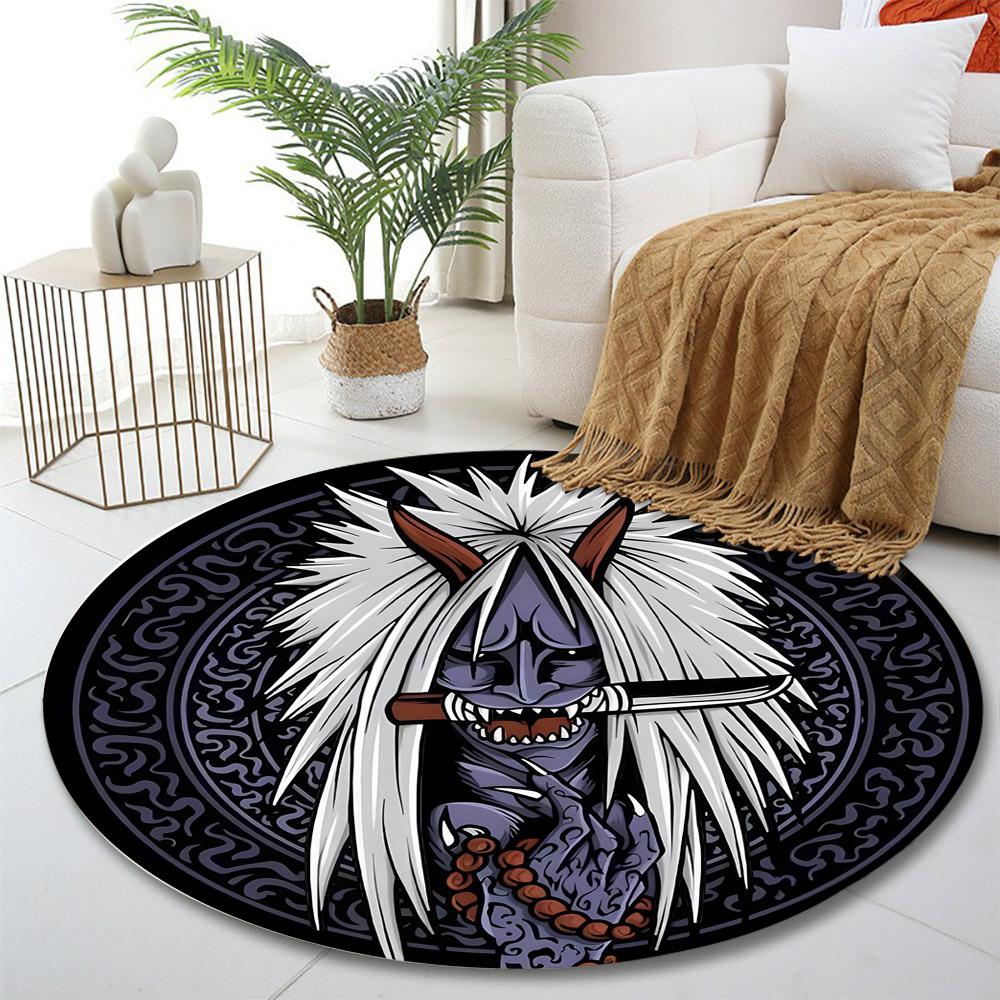 Demonic Samurai with White Hair Print round rug, living room, bedroom, playroom carpet, non slip floor mat, gift
