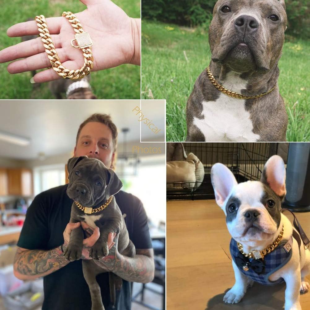 Designer Dog Collar Gold Metal Stainless Steel with Zirconia Lock 14mm 18K Gold Big Dog Luxury Training Collar Cuban Lock Link Necklace Chain(10