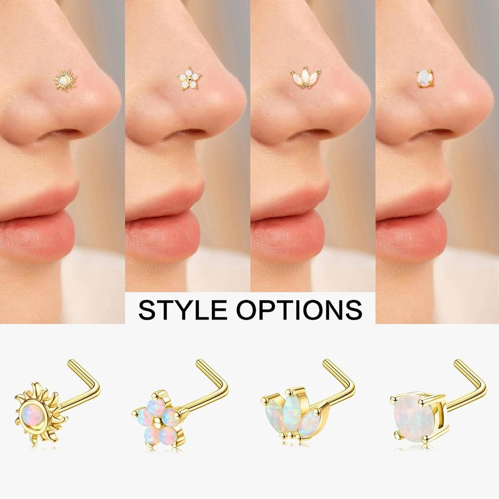 Bobisty Nose Rings Studs for Women Stainless Steel L Shaped Nose Studs Tiny Opal CZ Sunflower Bee Planet Nose Piercing Jewelry