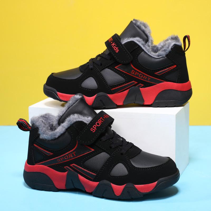 2025 Popular Winter Velvet Classmates Boys Sports Shoes Big Cotton Warm Velcro Middle School Children Primary School Running Shoes