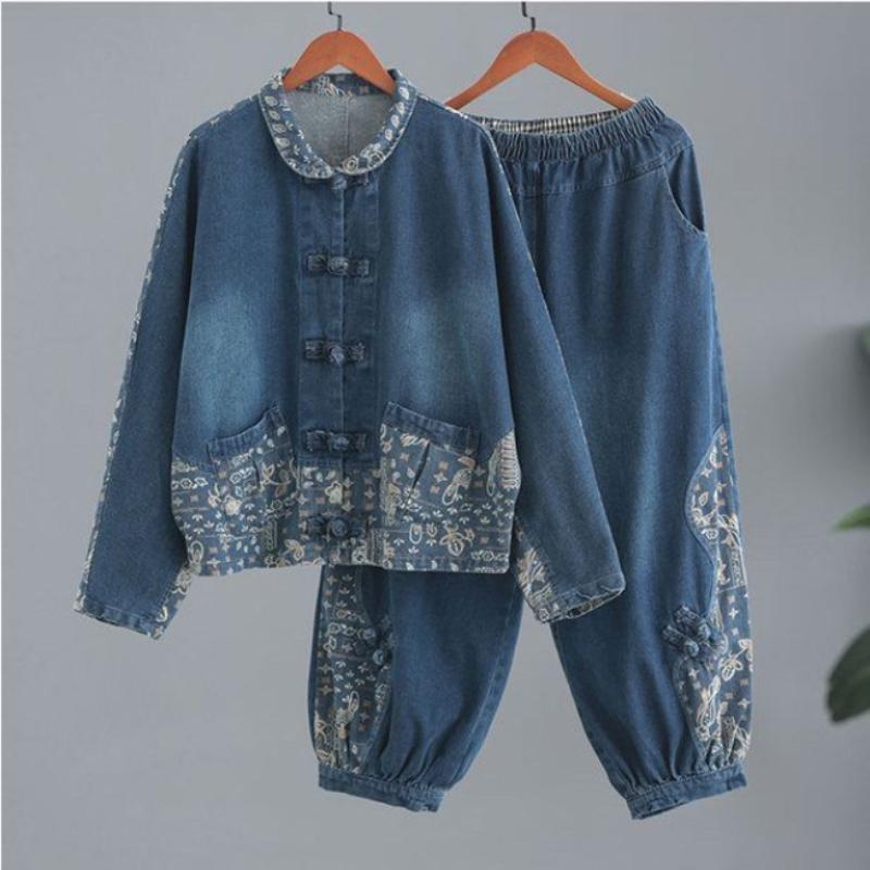 Джинсовый комплект большого размера со стойкой, женский этнический стиль, пэчворк, свободный и модный джинсовый комплект с пряжкой, комплект из двух предметов