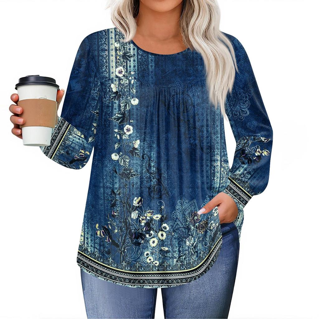 Womens Plus Size Tops Long Sleeve Shirts Round Neck Flowy Tunic Casual Loose Blouse L-5X