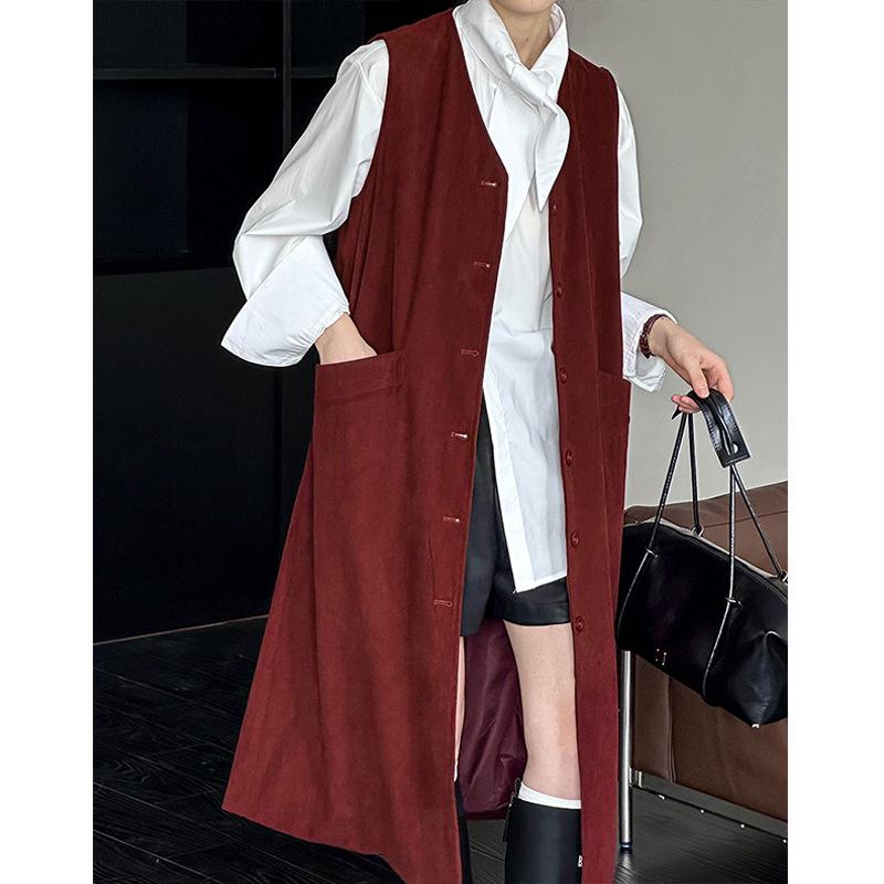 Autumn 2024 Orange Zhi Korean Style Red Single-Breasted Mid-Length Vest with Large Pockets